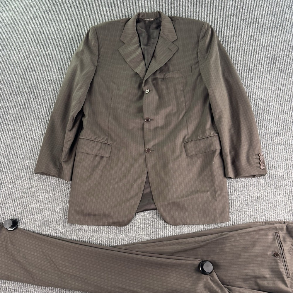 Vintage Canali Suit Mens 46L Brown Stripe Wool Italy 2 Piece Pleated 36x32